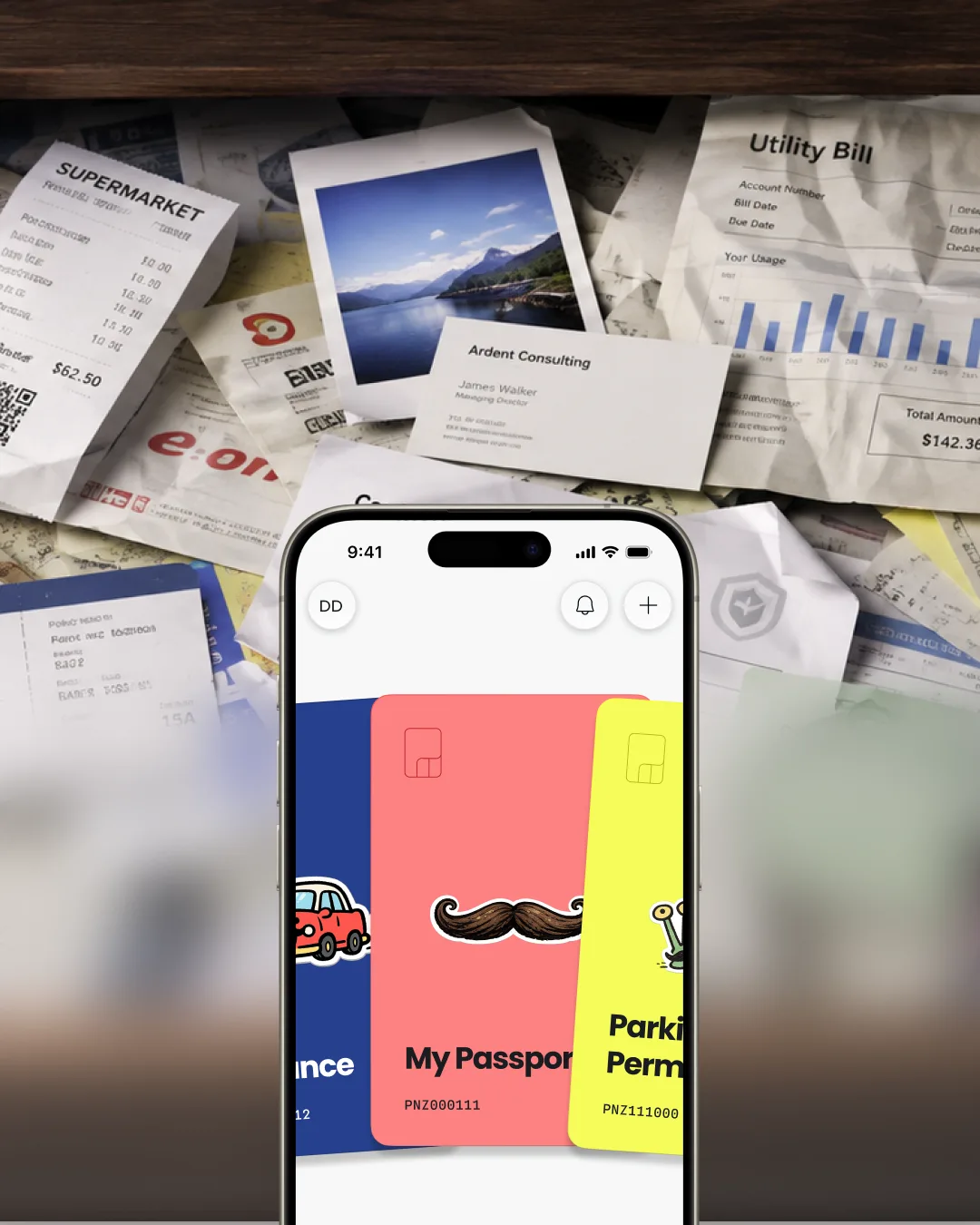 Before/after: scattered important documents → focused Panza deck