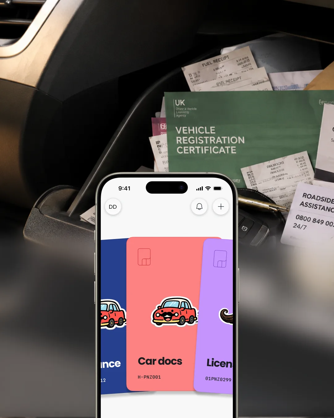 Vehicle paperwork grouped beside matching Panza cards