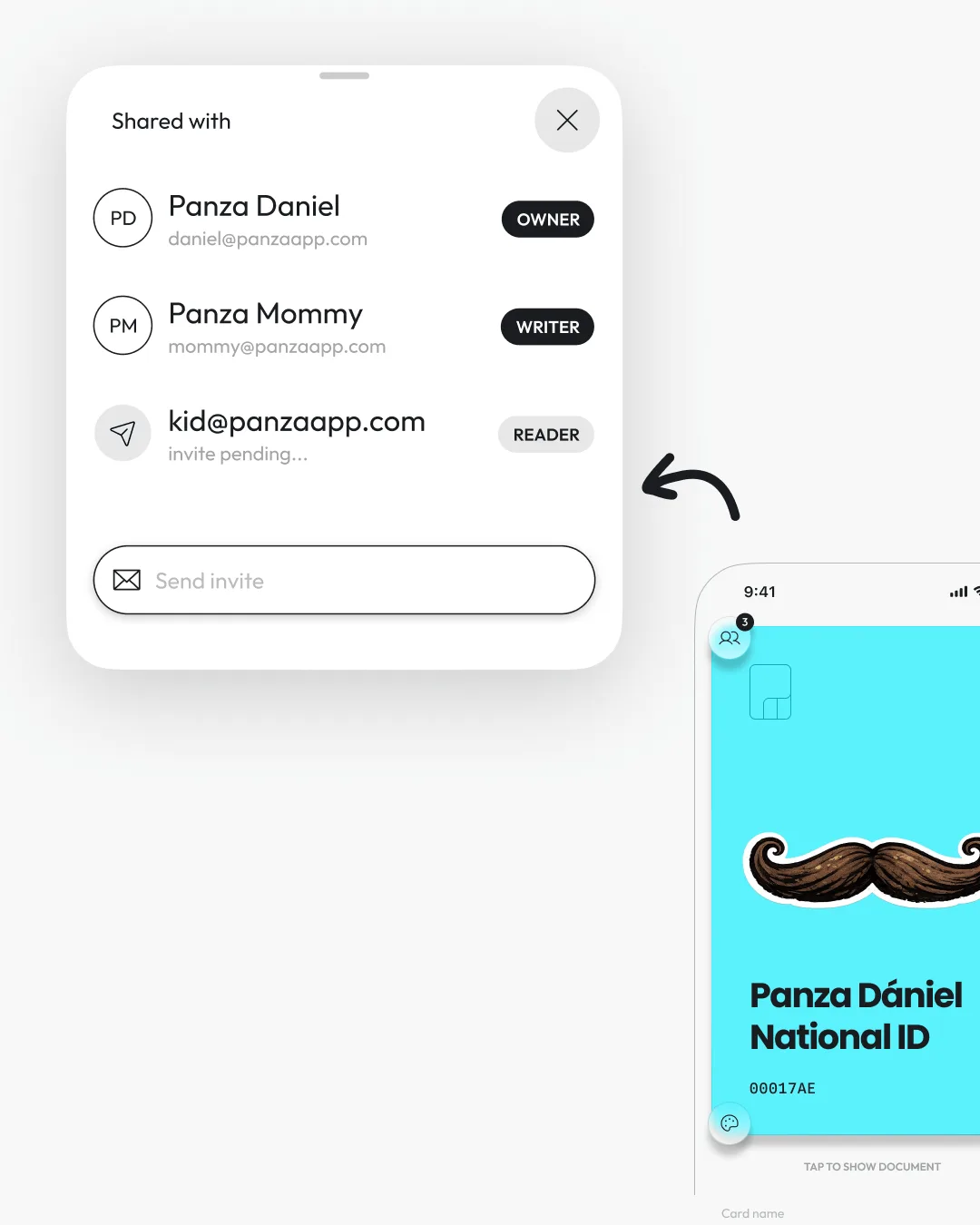 Panza document screen + sharing permissions screen