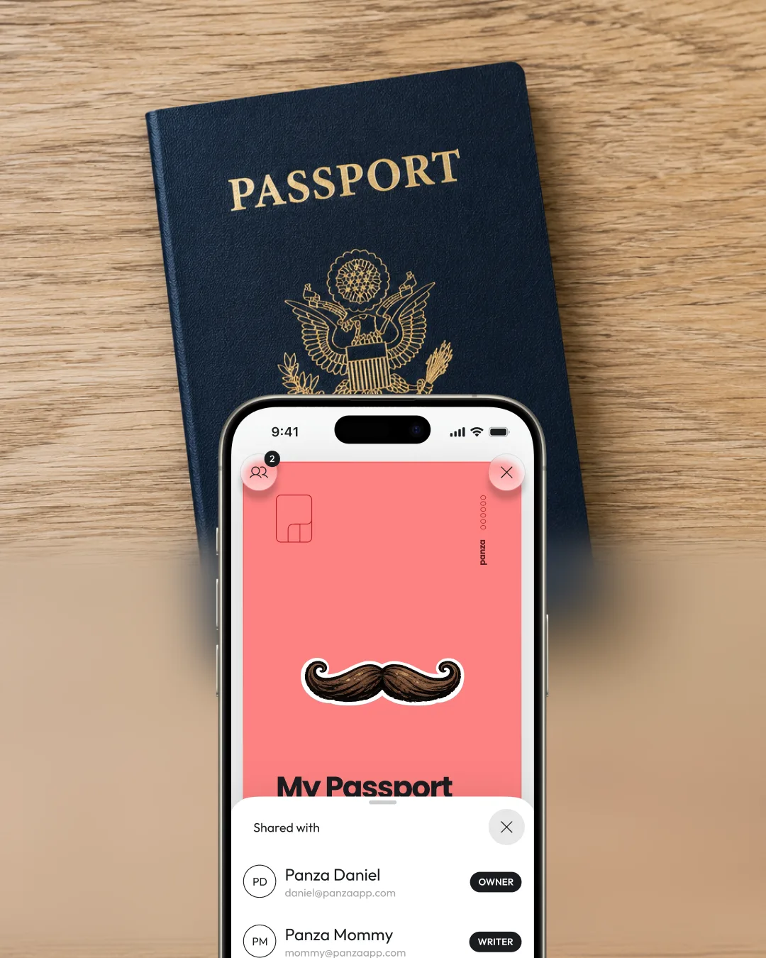 iPhone with Panza document screen + privacy/sharing controls