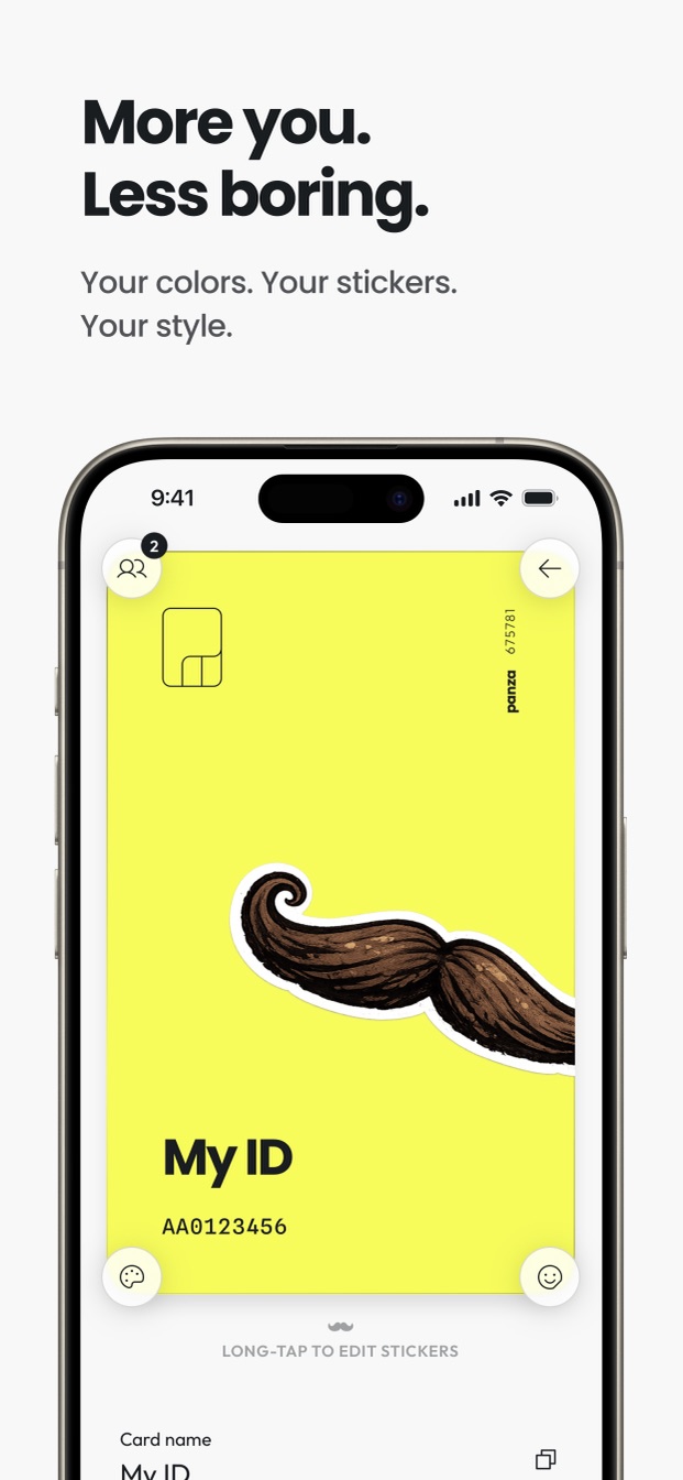 A personalized Panza card with a mustache sticker
